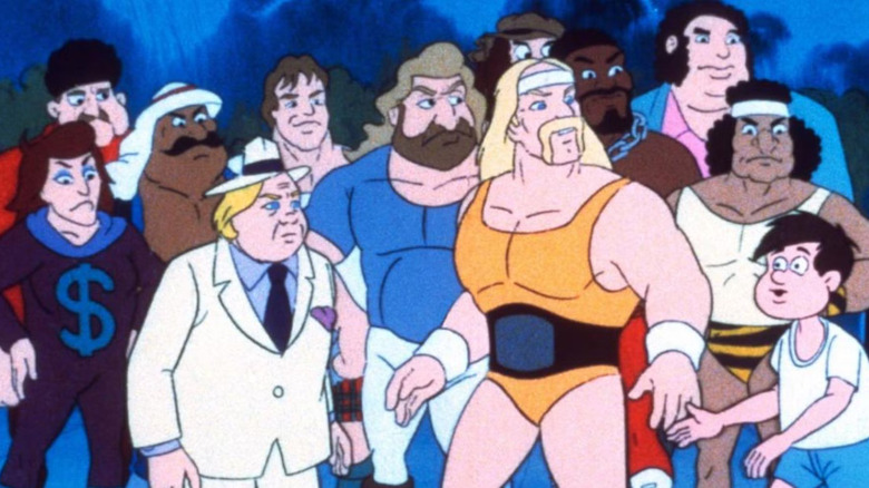 A big group of westlers and other colorful characters in Hulk Hogan's Rock 'n' Wrestling