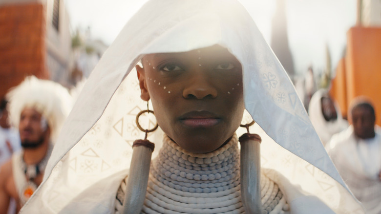 Leticia Wright in a white funeral gown