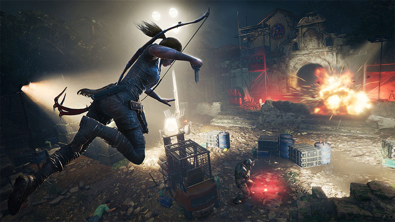 Lara Croft Descending on Rubble with a Knife