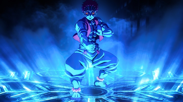 Akaza doing a power pose and exuding aura in Demon Slayer: Infinity Castle