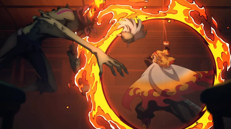 Rengoku creating a fire ring with his sword in Demon Slayer: Mugen Train