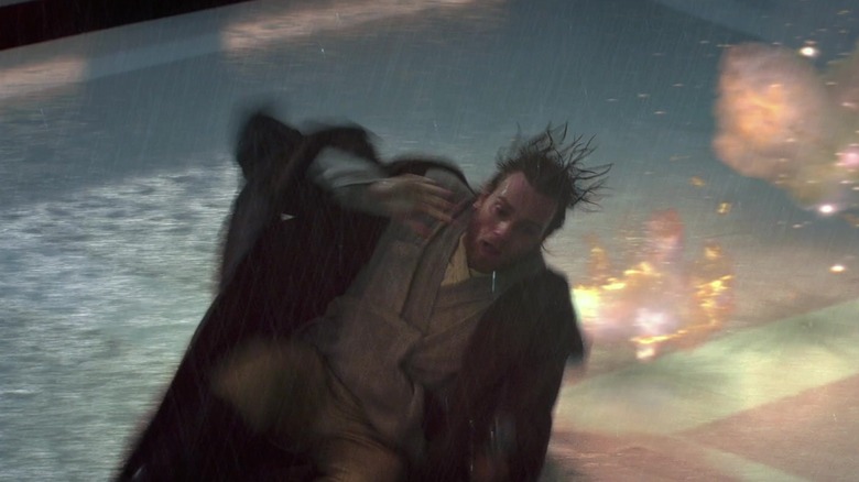 Obi-Wan Kenobi sliding down a wet ramp in Star Wars: Episode II - Attack of the Clones