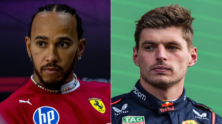 Max Verstappen and Lewis Hamilton in their Ferrari and Red Bull uniforms