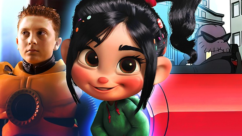 Daryl Sabara as Juni Cortez wearing yellow armor in Spy Kids 3D, Vanellope von Schweetz smiling in Wreck-It Ralph, and a hooded Walrus driving in The Simpsons Movie