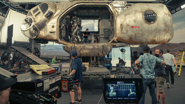 Brotherhood of Steel soldiers on an airship on the set of Fallout