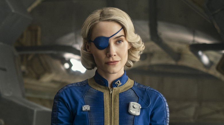 Annabel O'Hagan's Stephanie Harper wearing an eyepatch on Fallout