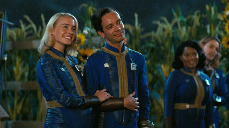 Ella Purnell as Lucy MacLean, Walton Goggins as The Ghoul, and Aaron Moten as Maximus on the official poster for Fallout season 2