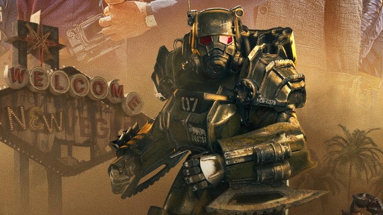 Maximus in an NCR Power Armor in front of the New Vegas sign in Fallout