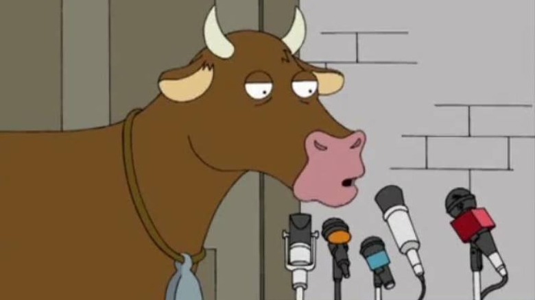 Mr. Cow speaking into microphones on Family Guy