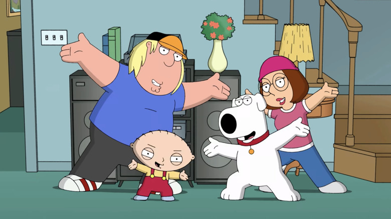 Chris, Stewie, Brian, and Meg Griffin posing from Family Guy's opening theme song