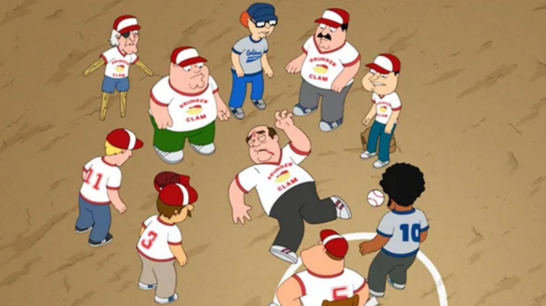 Family Guy, Peter and the other baseball players looking at Horace's corpse