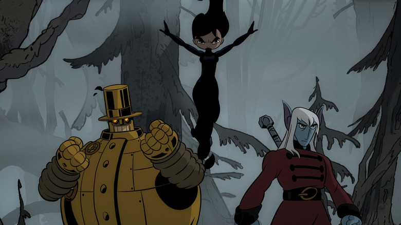 Copernicus, Emma, and Edred stand ready for battle in a forest in Unicorn: Warriors Eternal