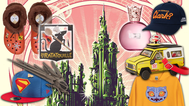 An assortment of goods from South Park, Ratatouille, Dune, Superman, Christmas Vacation, Wicked, Toy Story, and KPOP Demon Hunters on Mondo poster for Wicked