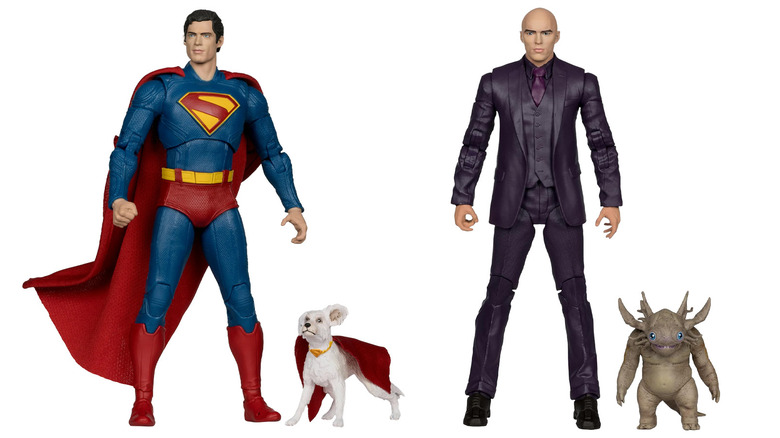 McFarlane Toys action figures of Superman and Krypto and Lex Luthor and a baby kaiju