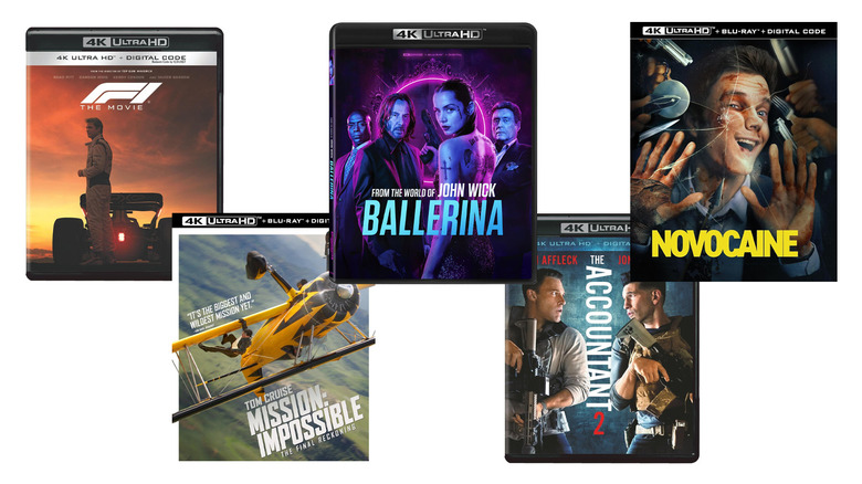 F1, Mission: Impossible - The Final Reckoning, Ballerina, The Accountant 2, Novocaine movie covers