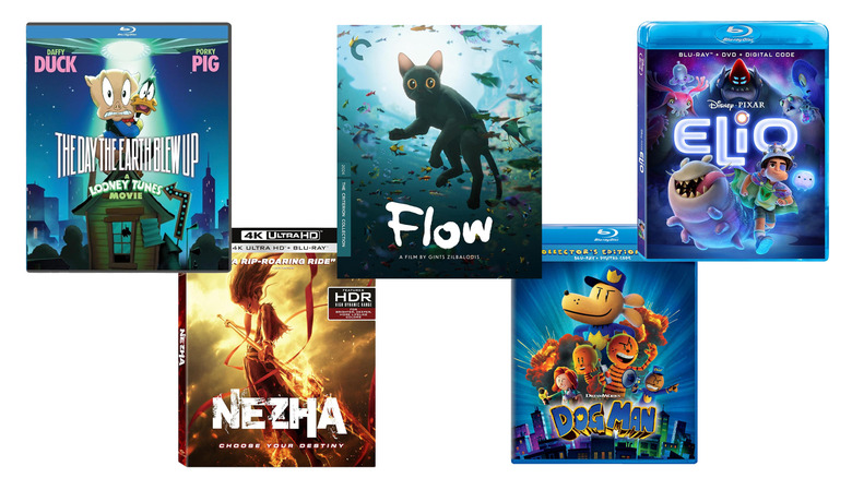The Day the Earth Blew Up, Ne Zha 2, Flow, Dog Man, and Elio movie covers