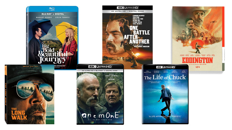 The Long Walk, Big, Bold Beautiful Journey, Anemone, One Battle After Another, The Life of Chuck, and Eddington movie covers