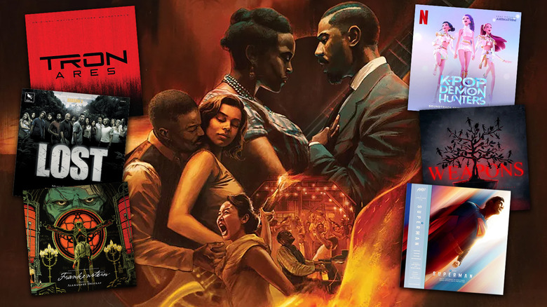 Soundtack covers for Tron: Ares, Lost season 2, Frankenstein, KPop Demon Hunters, Weapons, and Superman on top of soundtrack art for Sinners