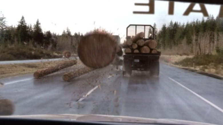 The log truck losing its log in Final Destination 2