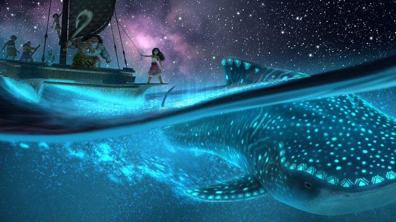 Dwayne Johnson as Maui and Auli'i Cravalho sailing on the ocean in Moana 2