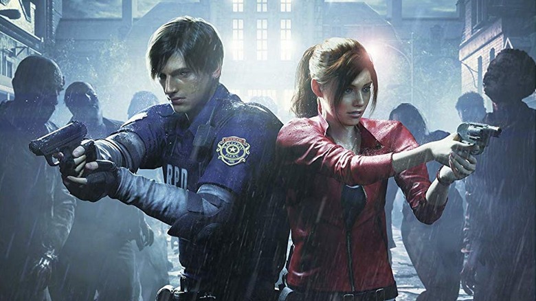 Nick Apostolides as the voice of Leon Kennedy and Stephanie Panisello as Claire Redfield brandishing guns surrounded by zombies in Resident Evil 2
