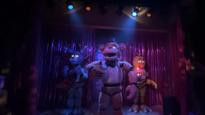Freddy Fazbear, Bonnie the Bunny, and Chica the Chick at Universal Halloween Horror Nights' Five Nights at Freddy's maze