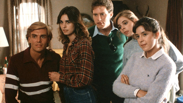 Bill Hitchcock as Ralph, Ruth Martinez as Pam, Morey Lampley as Mike, Connie Rogers as Sue and Frances Raines as Linda await their gruesome deaths in The Mutilator