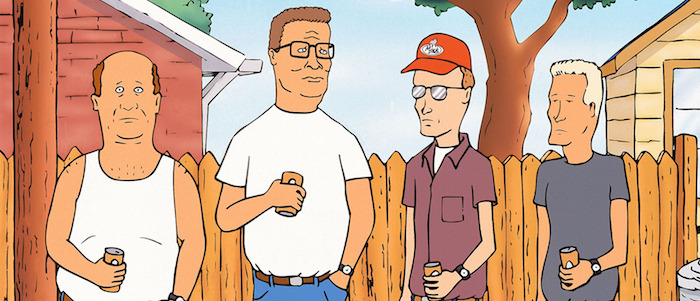 Mike Judgeís TV series ìKing of the Hillî defies iconic images of Texas and looks at a slightly befuddled propane salesman as he copes with suburban life. Hank and his neighborhood friends get together for a few beers in Mike Judge s King of the Hill. Credit: Fox Network