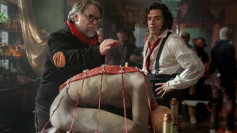Guillermo del Toro directing Frankenstein with Oscar Isaac
