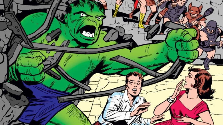 Incredible Hulk #5 cover, Hulk bursting out of Roman prison, frightening Rick Jones and Betty Ross