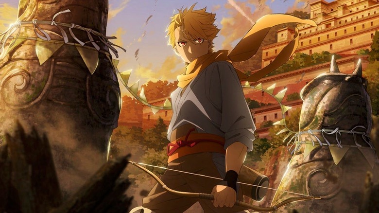 דמונים של ממלכת הצללים - יורו בכפר אוחז בקשת בין פסלים משמאל לימין