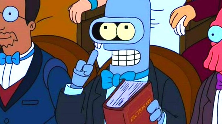 Bender holding up a finger with a dictionary in his other hand