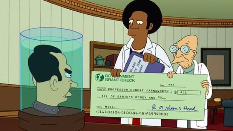 Tate and Professor Farnsworth standing before Richard Nixon's Head with a check for all of Earth's money