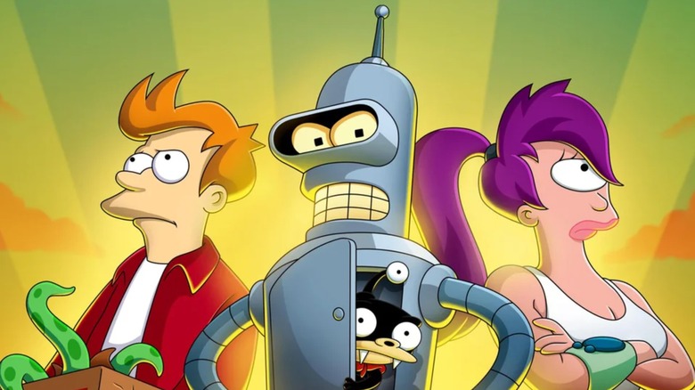 Futurama poster: Fry carrying box, Bender with Nibbler in his chest compartment, and Leela
