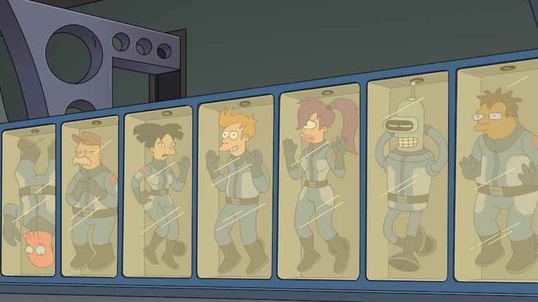Futurama - Zoidberg, Scruffy, Amy, Fry, Leela, Bender, and Hermes frozen in cryostasis