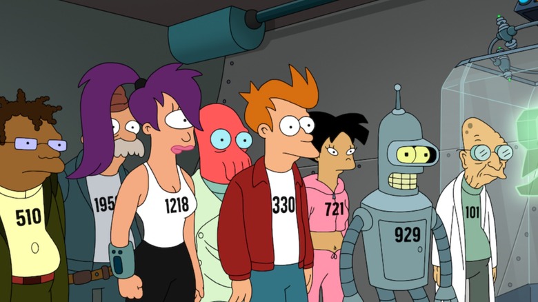 Futurama - clones of Hermes, Scruffy, Leela, Zoidberg, Fry, Amy, Bender, and Professor Farnsworth