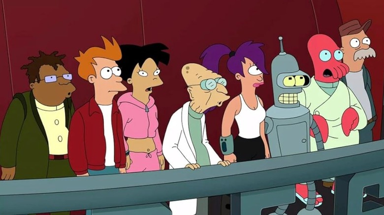 Futurama: Hermes, Fry, Amy, Professor Farnsworth, Leela, Bender, Zoidberg and Scruffy looking up from Planet Express building deck