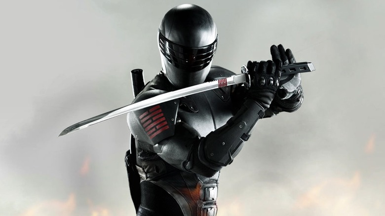 GI Joe: Retaliation character poster of Snake Eyes posed with his sword