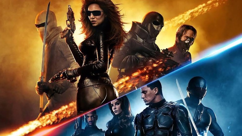 GI Joe: The Rise of Cobra poster with Storm Shadow, Baroness, Viper soldier, and the Doctor on top, Ripcord, Scarlett, Duke, and Snake Eyes on bottom