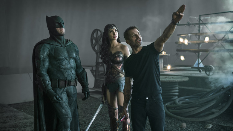 Zack Snyder directing Ben Affleck as Batman and Gal Gadot as Wonder Woman behind the scenes of Justice League