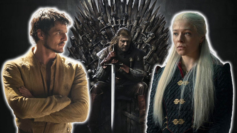 Pedro Pascal as Oberyn Martell, Sean Bean as Ned Stark, and Emma D'Arcy as Rhaenyra Targaryen in a composite image from Game of Thrones and House of the Dragon