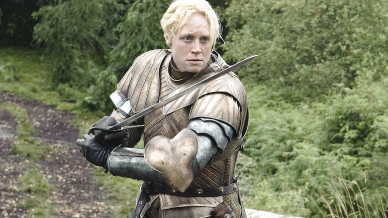 Brienne of Tarth holds a sword ready on Game of Thrones