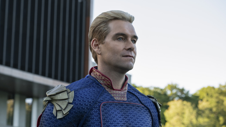 Antony Starr as Homelander with a stern look on his face on Gen V