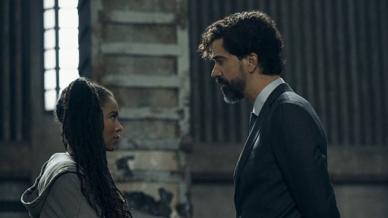 Jaz Sinclair as Marie Moreau and Hamish Linklater as Dean Cipher facing each other on Gen V