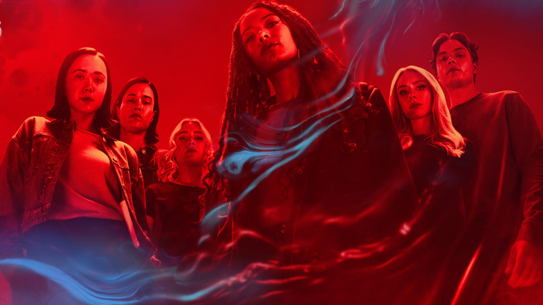 London Thor and Derek Luh as Jordin Li, Lizze Broadway as Emma Meyer, Jaz Sinclair as Marie Moreau, Maddie Phillips as Cate Dunlap, and Asa Germann as Sam Riordan bathed in red light in a promotional poster for Gen V season 2