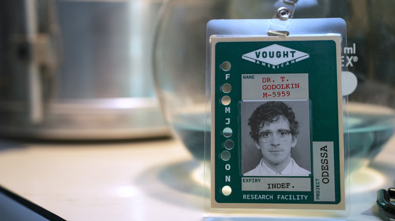 Ethan Slater's Thomas Godolkin on a Vought identity card on Gen V