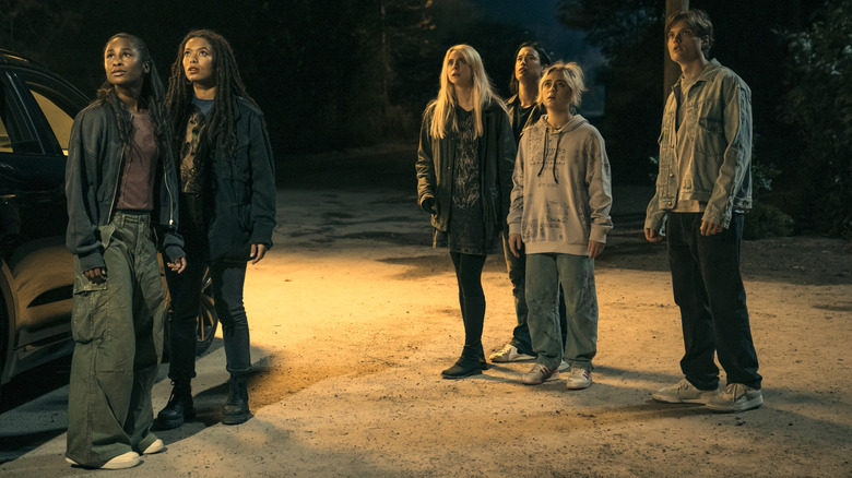 Keeya King as Annabeth Moreau, Jaz Sinclair as Marie Moreau, Maddie Phillips as Cate Dunlap, Derek Luh as Jordan Li, Lizze Broadway as Emma Meyer, and Asa Germann as Sam standing next to each other in Gen V