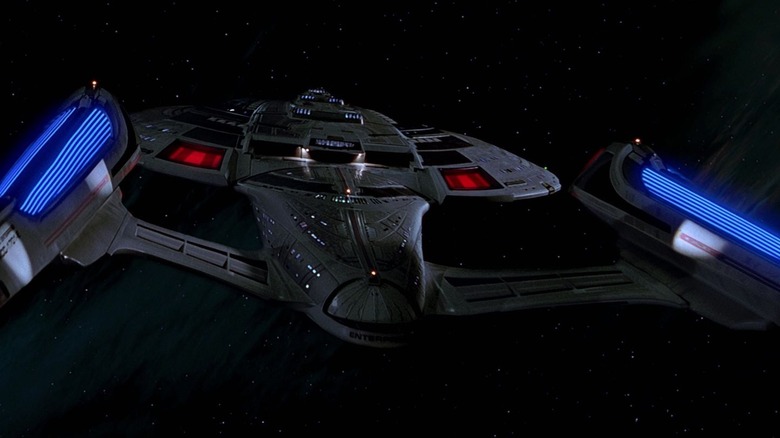 The U.S.S. Enterprise-E flying through space in Star Trek: First Contact