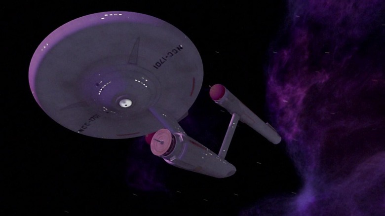 The U.S.S. Enterprise flying overhead in Star Trek: The Original Series