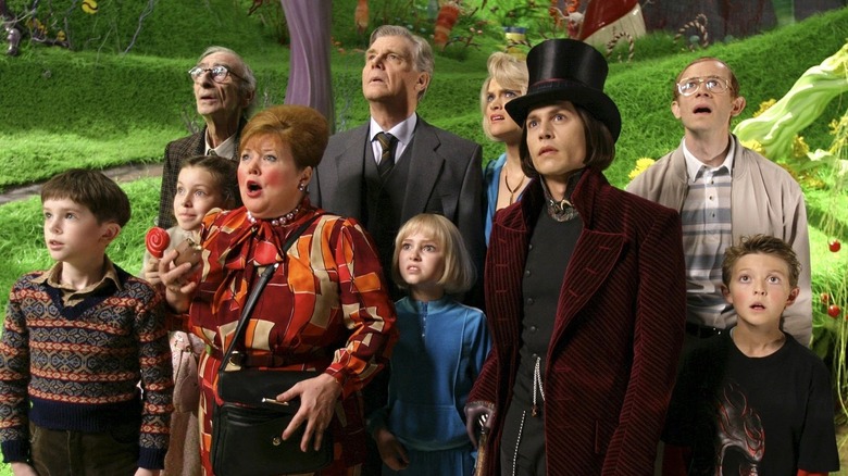 Willy Wonka and his guests in Charlie and the Chocolate Factory